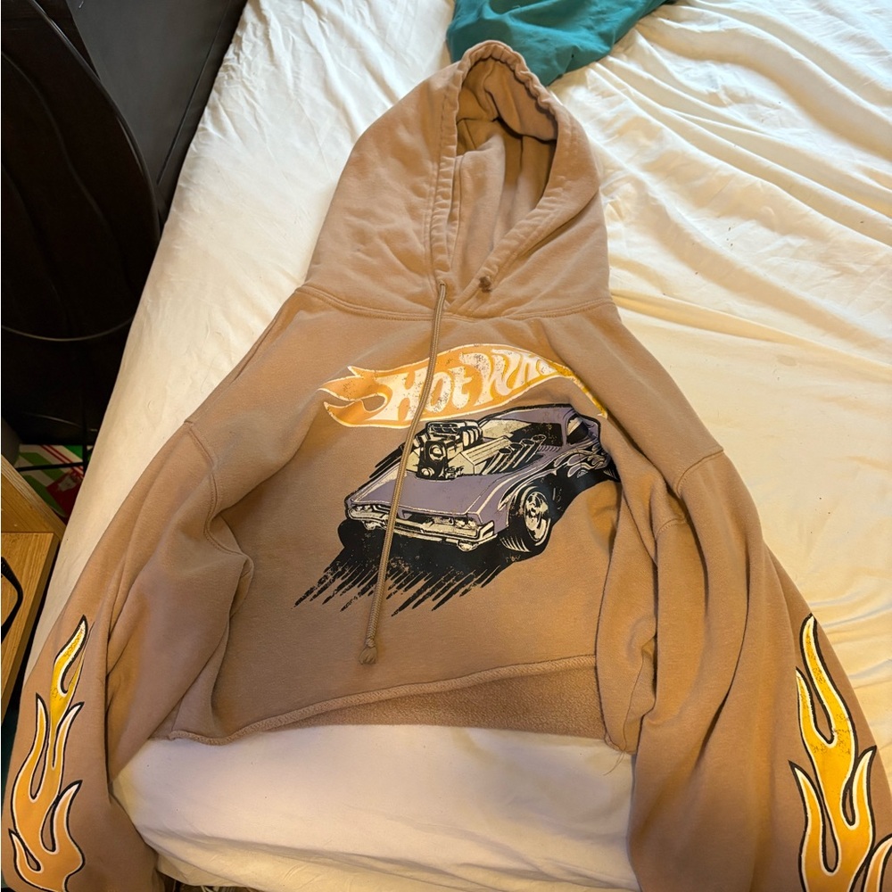 Tan Graphic Crop Top Hoodie